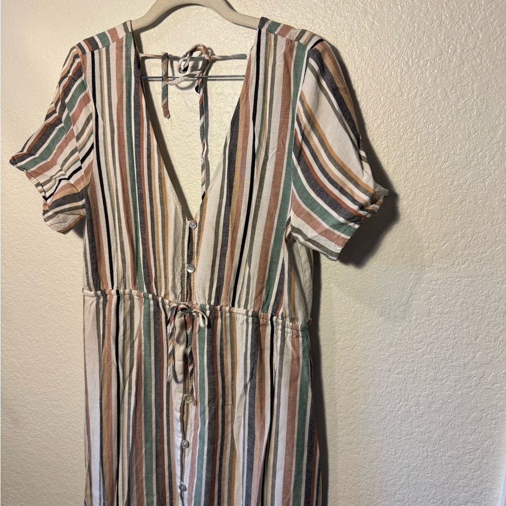 Saltwater Luxe Neutral Striped Button Down Hi-Lo Short Sleeve Maxi Dress M